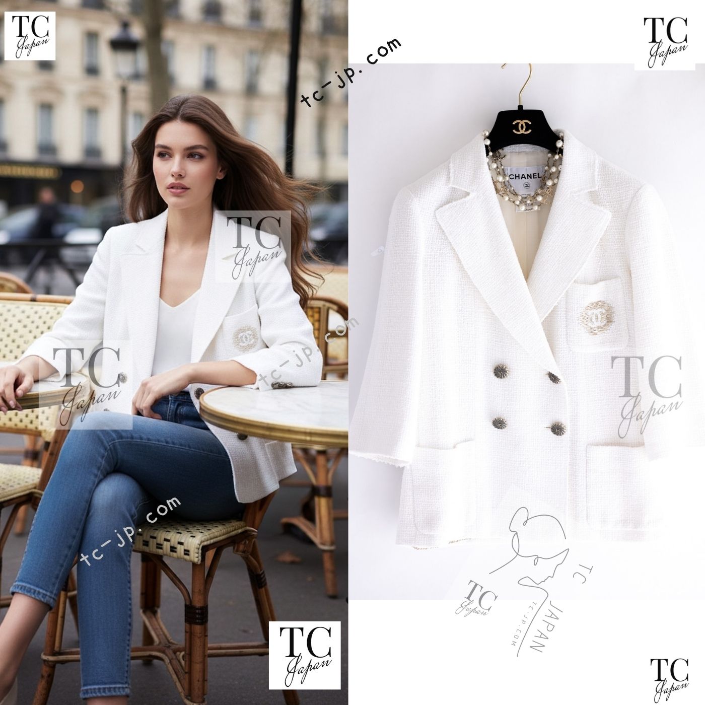 CHANEL 12S Tweed Jacket Blazer White Double Breasted CC Logo Buttons Embroidered Logo 40 シャネル ツイード ジャケット ブレザー ホワイト ダブルブレスト CCロゴボタン 刺繍ロゴ 即発