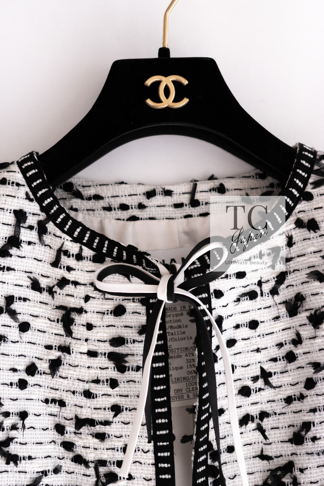 CHANEL 95C Vintage White Black Ribbon Tweed Jacket 34 シャネル ヴィンテージ ホワイト ブラック リボン ツイード ジャケット 即発