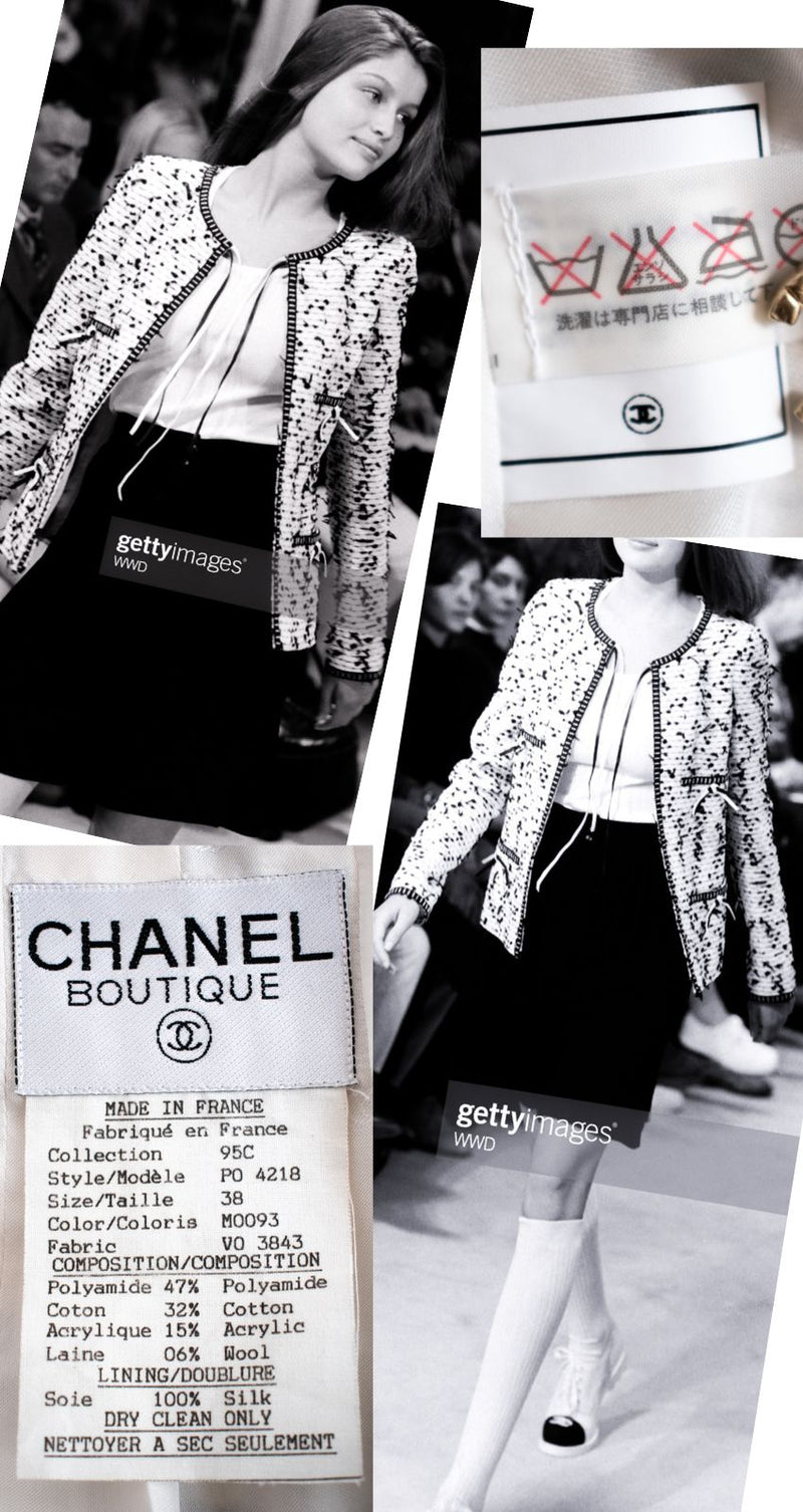 CHANEL 95C Vintage White Black Ribbon Tweed Jacket 34 シャネル ヴィンテージ ホワイト ブラック リボン ツイード ジャケット 即発