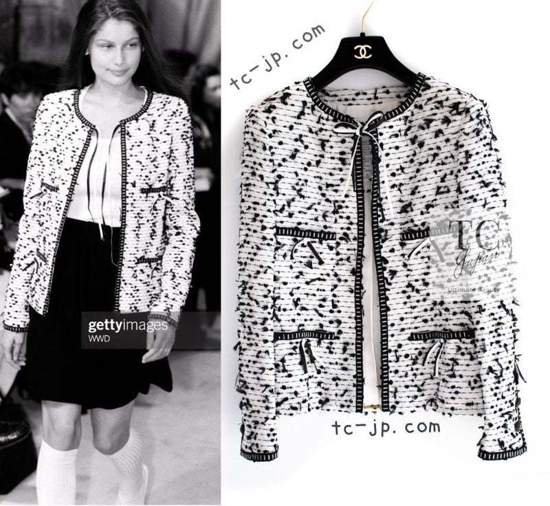 CHANEL 95C Vintage White Black Ribbon Tweed Jacket 34 シャネル ヴィンテージ ホワイト ブラック リボン ツイード ジャケット 即発