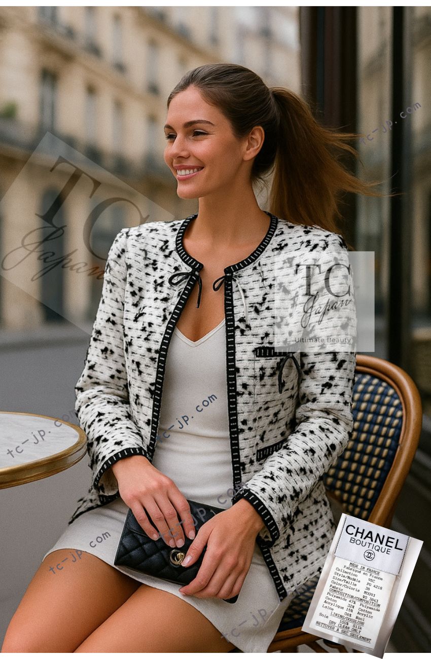 CHANEL 95C Vintage White Black Ribbon Tweed Jacket 34 シャネル ヴィンテージ ホワイト ブラック リボン ツイード ジャケット 即発