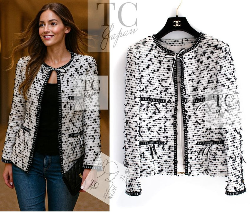 CHANEL 95C Vintage White Black Ribbon Tweed Jacket 34 シャネル ヴィンテージ ホワイト ブラック リボン ツイード ジャケット 即発