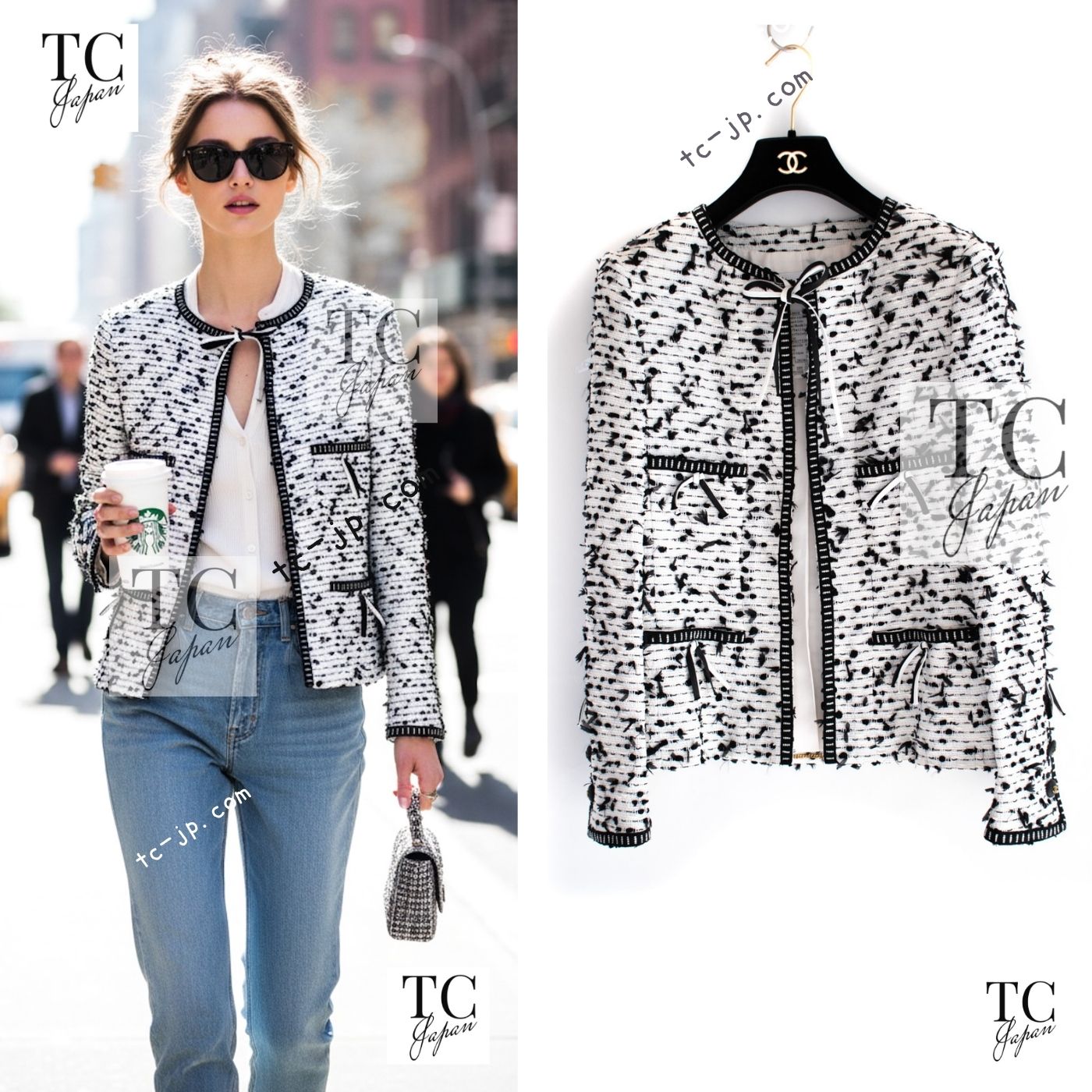CHANEL 95C Vintage White Black Ribbon Tweed Jacket 34 シャネル ヴィンテージ ホワイト ブラック リボン ツイード ジャケット 即発