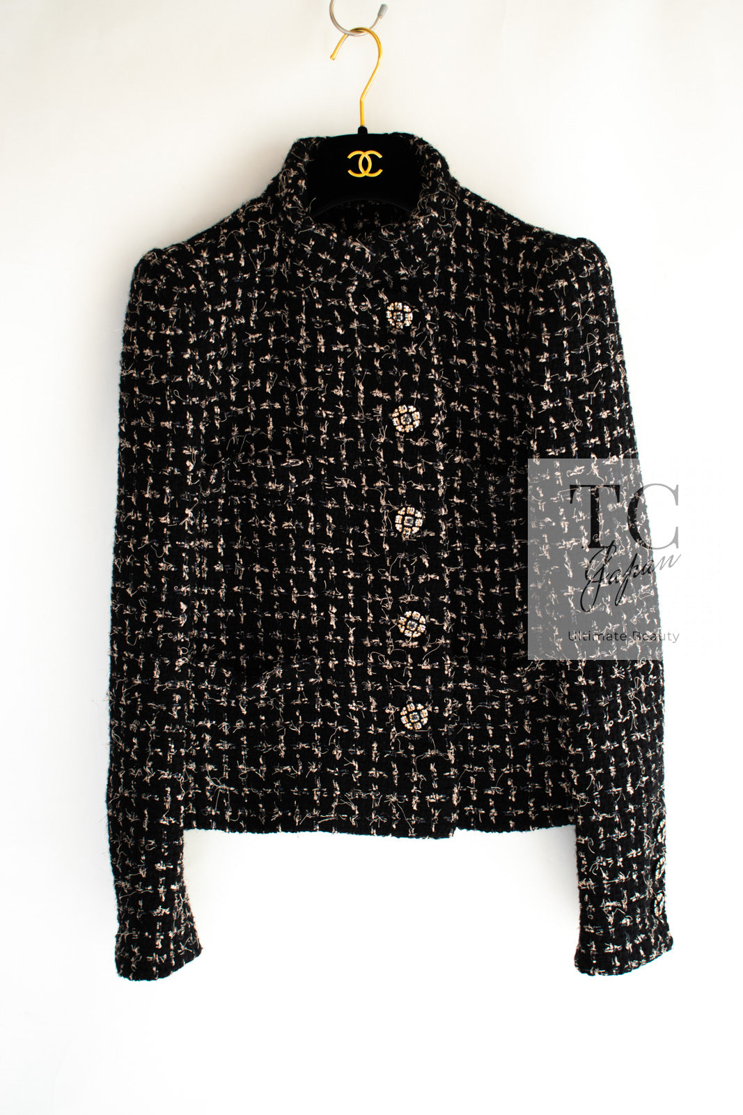 シャネル ジャケット CHANEL ブラック ベージュ ウール コットン