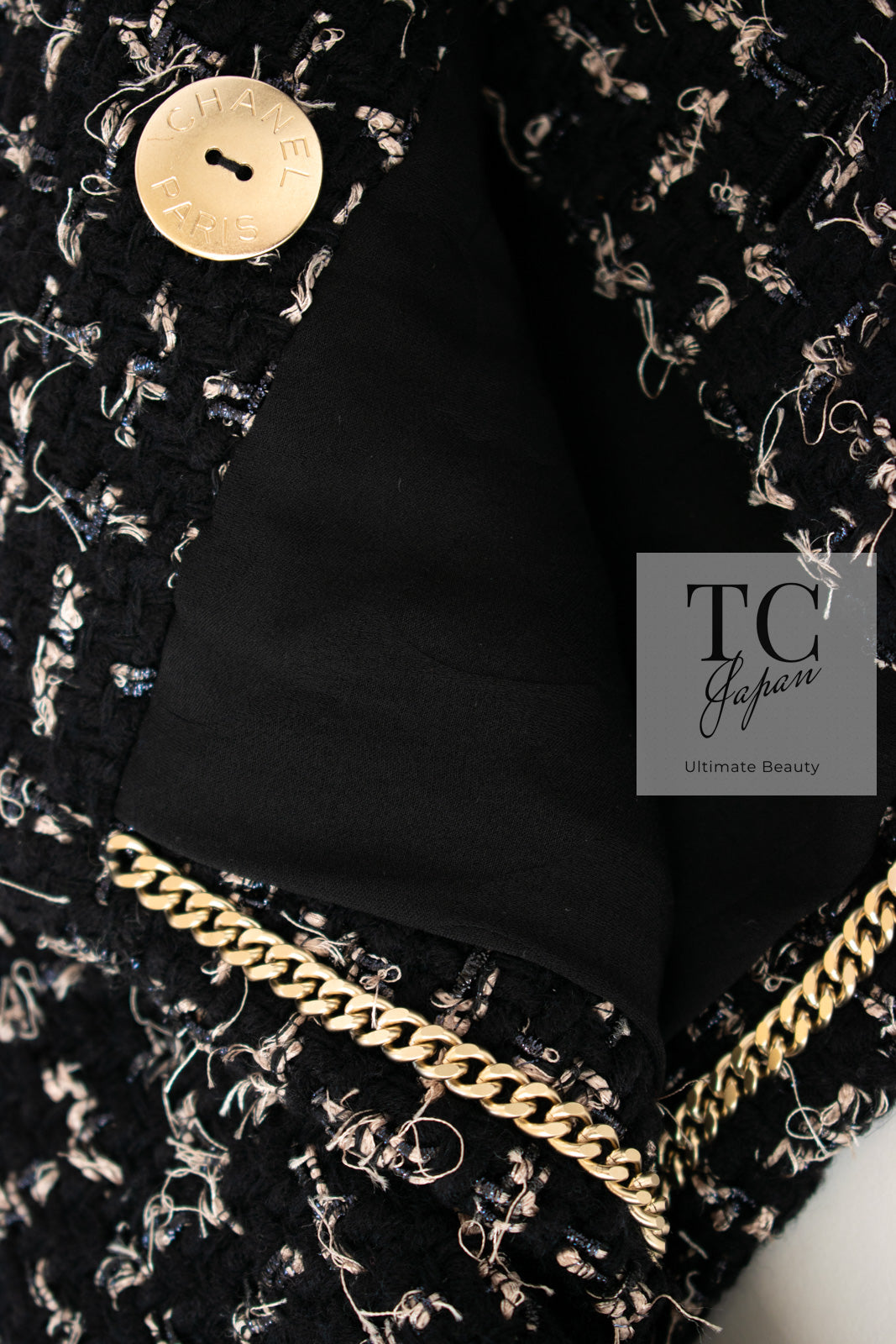 シャネル ジャケット CHANEL ブラック ベージュ ウール コットン