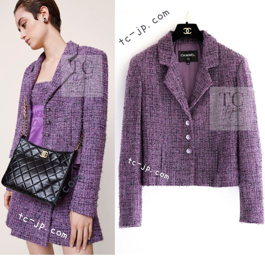 CHANEL 22PS Purple Lion Button Wool Cotton Tweed Jacket 38 シャネル パープル ライオン ボタン ウール コットン ツイード ジャケット 即発