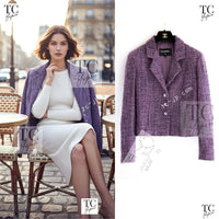 CHANEL 22PS Purple Lion Button Wool Cotton Tweed Jacket 38 シャネル パープル ライオン ボタン ウール コットン ツイード ジャケット 即発