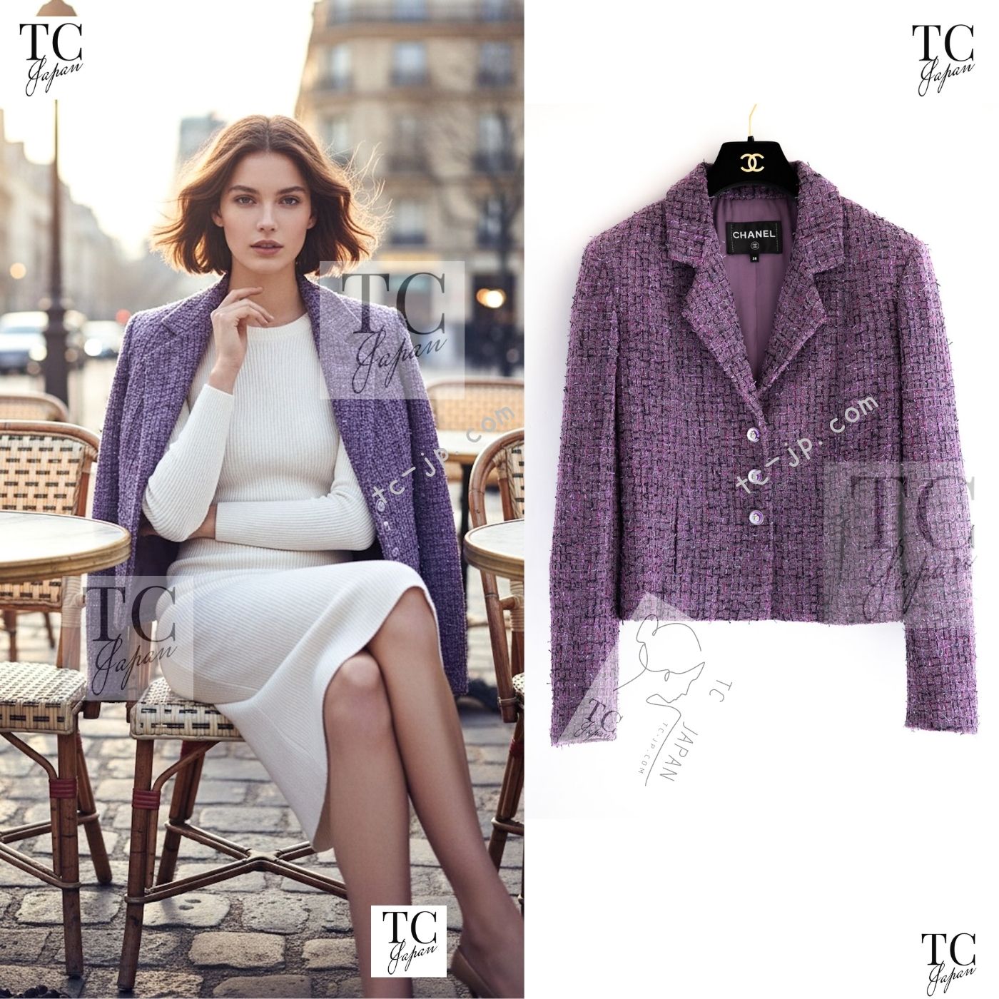 CHANEL 22PS Purple Lion Button Wool Cotton Tweed Jacket 38 シャネル パープル ライオン ボタン ウール コットン ツイード ジャケット 即発