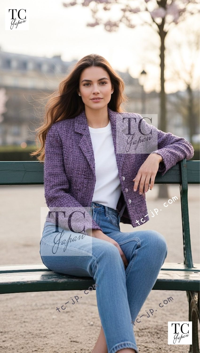 CHANEL 22PS Purple Lion Button Wool Cotton Tweed Jacket 38 シャネル パープル ライオン ボタン ウール コットン ツイード ジャケット 即発