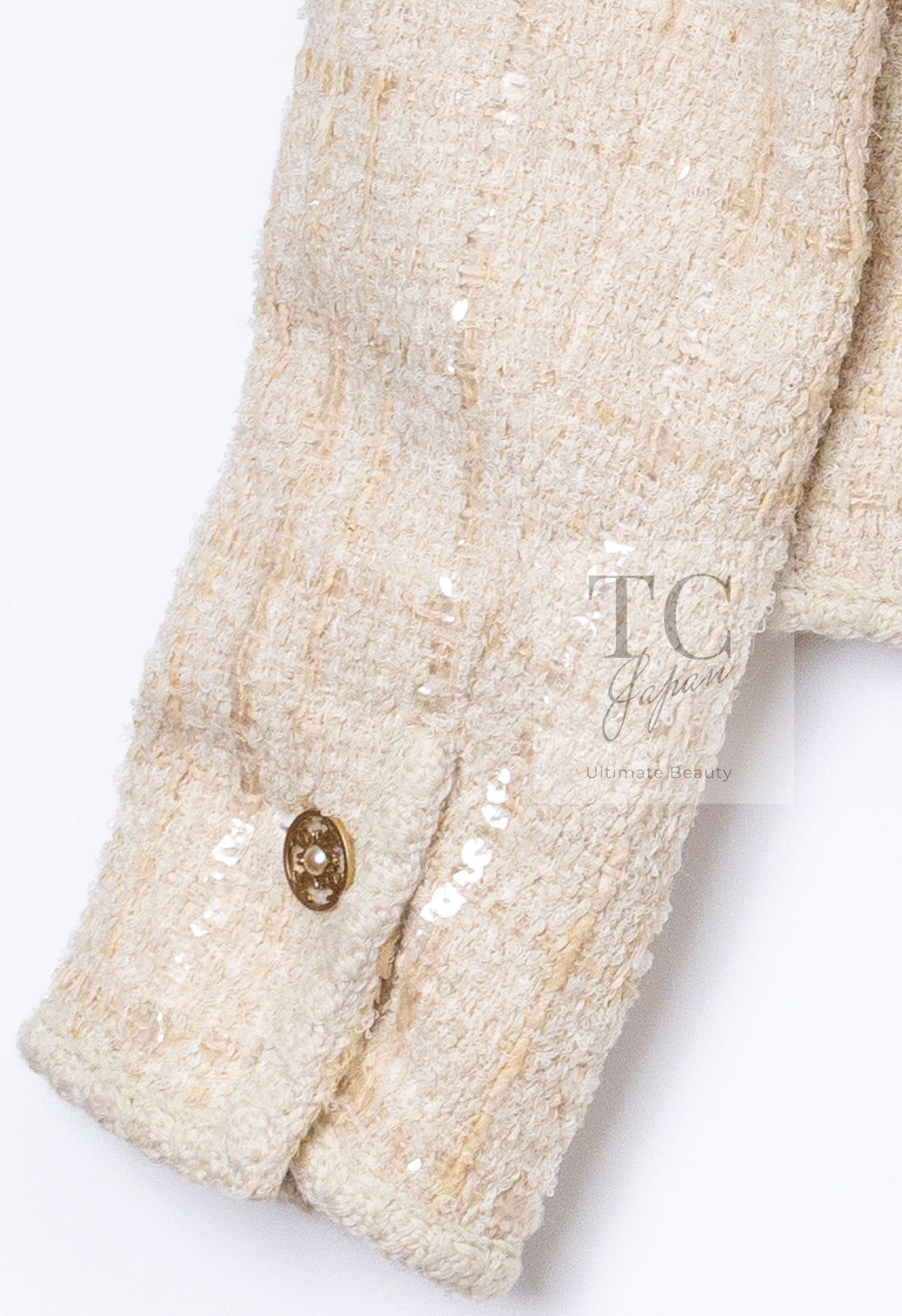 CHANELシャネル ノーカラージャケット ツイード 38パール ベージュ シャネル ジャケット CHANEL アイボリー ベージュ スパンコール ウール