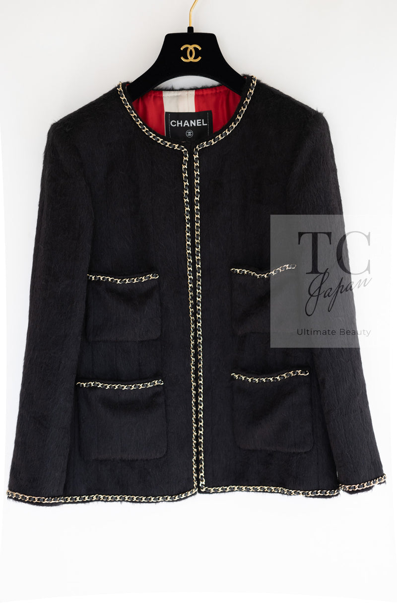 CHANEL 19B Black Llama Wool Chain Trim Jacket 34 36 38 40 シャネル ブラック ラマ ウール チェーン トリミング ジャケット 即発