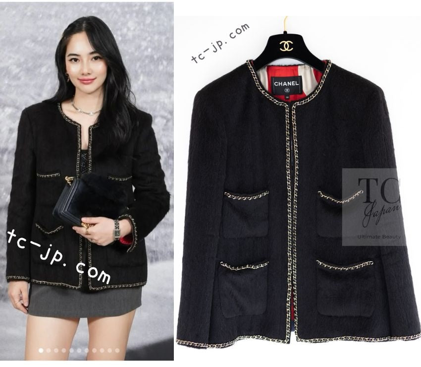 CHANEL 19B Black Llama Wool Chain Trim Jacket 38 40 シャネル ブラック ラマ ウール チェーン トリミング ジャケット 即発 - TC JAPAN