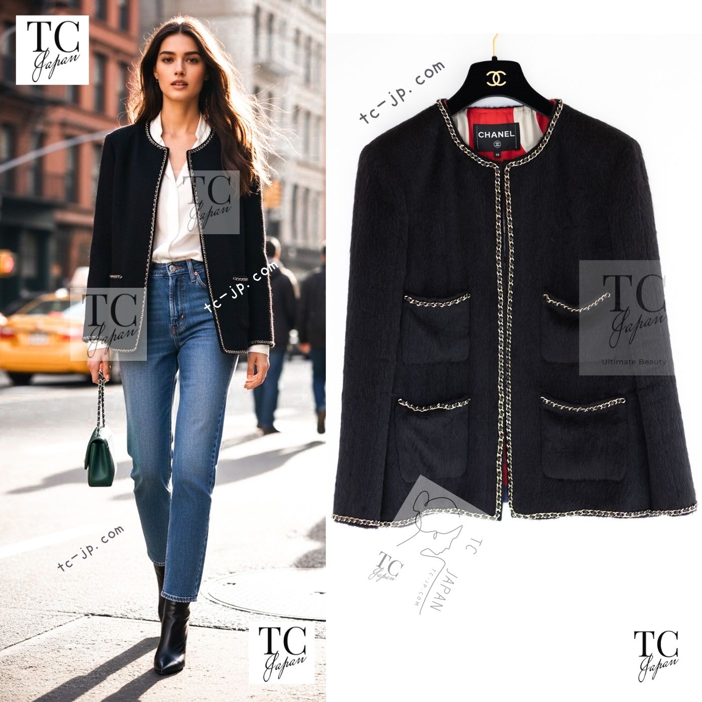 CHANEL 19B Black Llama Wool Chain Trim Jacket 38 40 シャネル ブラック ラマ ウール チェーン トリミング ジャケット 即発