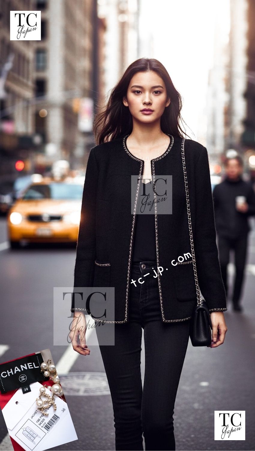 CHANEL 19B Black Llama Wool Chain Trim Jacket 38 40 シャネル ブラック ラマ ウール チェーン トリミング ジャケット 即発