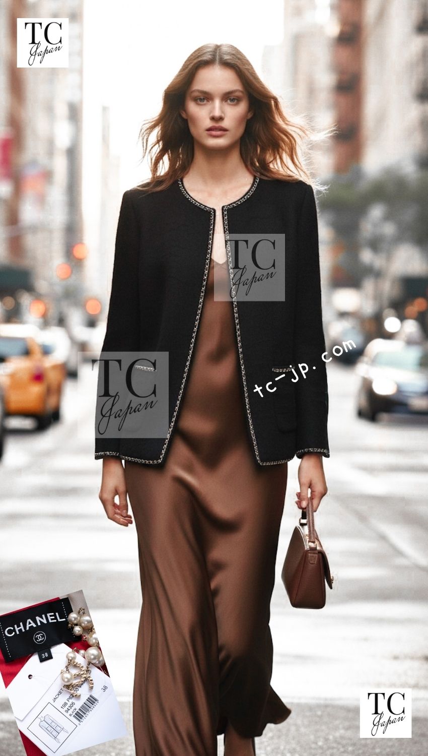 CHANEL 19B Black Llama Wool Chain Trim Jacket 38 40 シャネル ブラック ラマ ウール チェーン トリミング ジャケット 即発