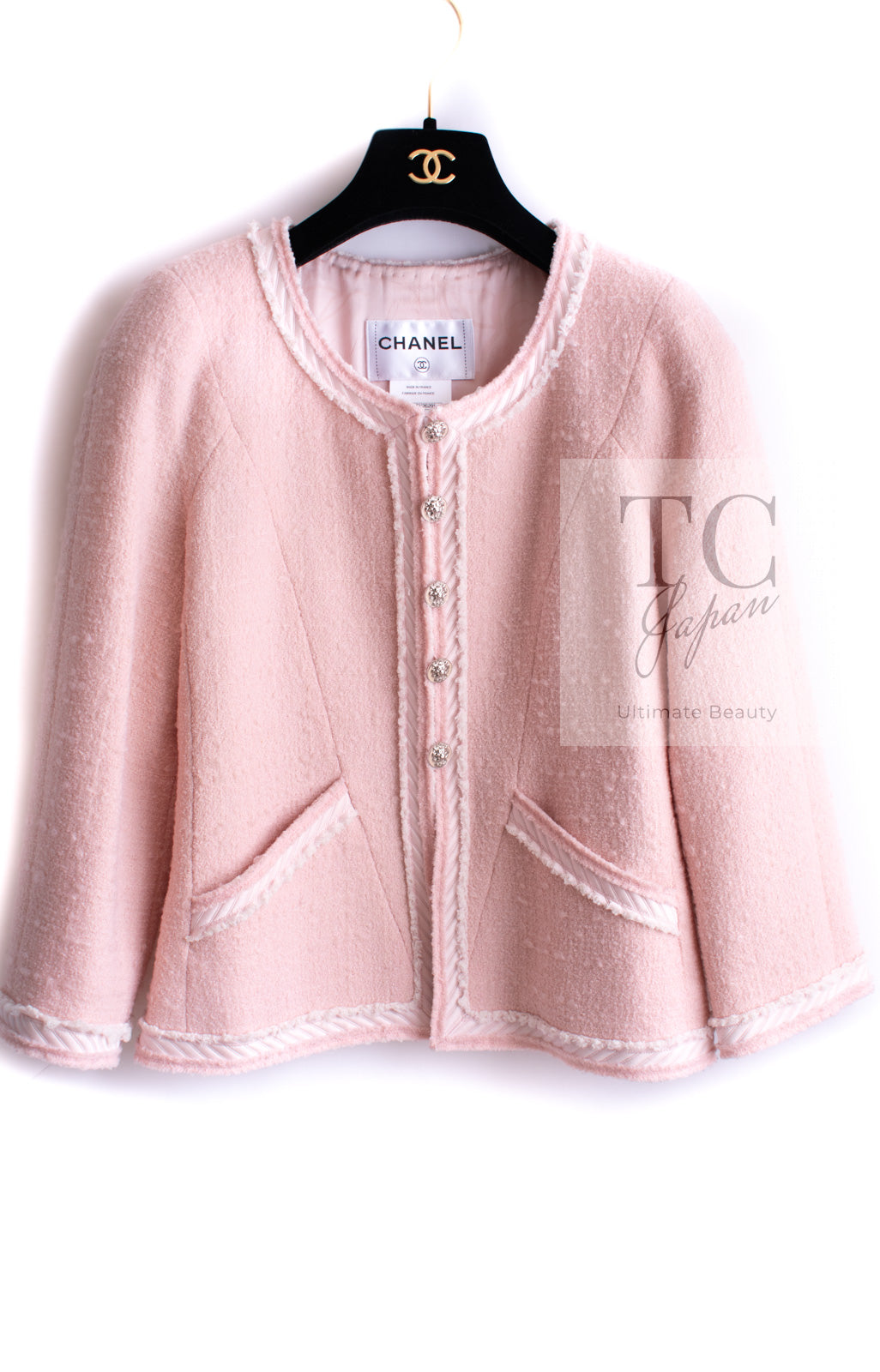 CHANEL ピンク ノーカラージャケット CHANELシャネルピンクウールノーカラージャケット36
