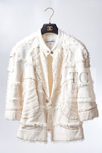 CHANEL 08S Ivory Creme Cotton Silk Chiffon Chain Trim Jacket 42 シャネル アイボリー クリーム コットン シルク シフォン チェーン トリム ジャケット 即発