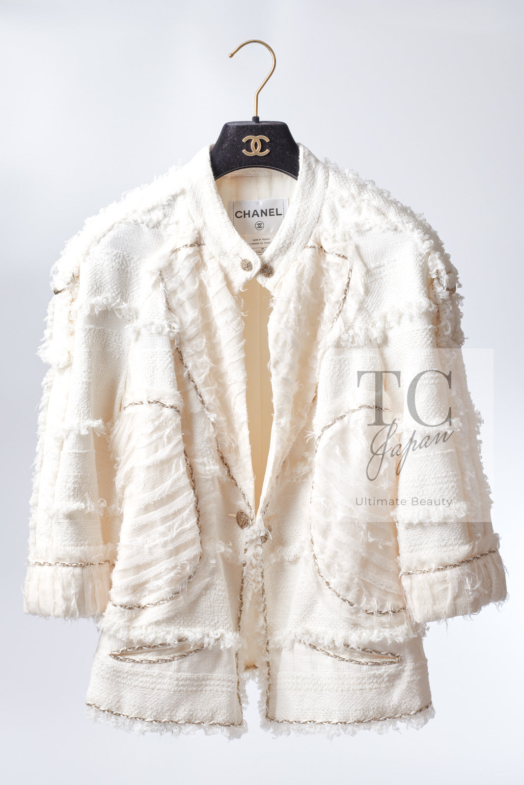 CHANEL 08S Ivory Creme Cotton Silk Chiffon Chain Trim Jacket 42 シャネル アイボリー クリーム コットン シルク シフォン チェーン トリム ジャケット 即発