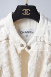 CHANEL 08S Ivory Creme Cotton Silk Chiffon Chain Trim Jacket 42 シャネル アイボリー クリーム コットン シルク シフォン チェーン トリム ジャケット 即発
