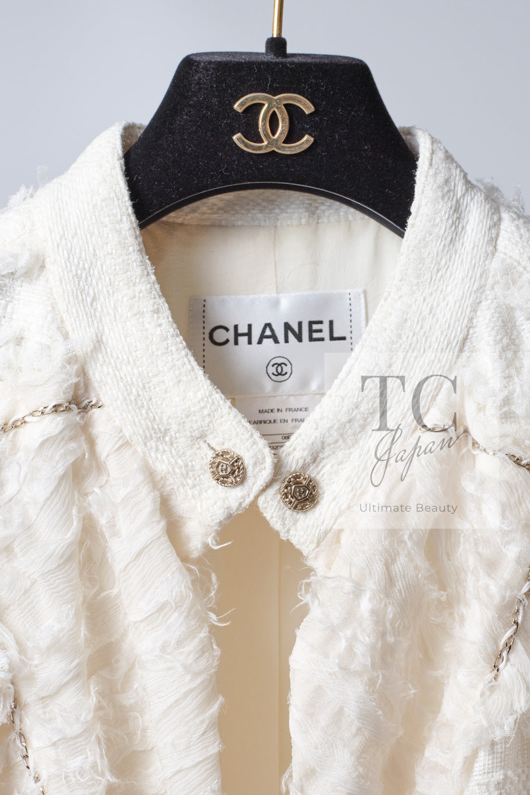 CHANEL 08S Ivory Creme Cotton Silk Chiffon Chain Trim Jacket 42 シャネル アイボリー クリーム コットン シルク シフォン チェーン トリム ジャケット 即発