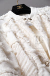 CHANEL 08S Ivory Creme Cotton Silk Chiffon Chain Trim Jacket 42 シャネル アイボリー クリーム コットン シルク シフォン チェーン トリム ジャケット 即発