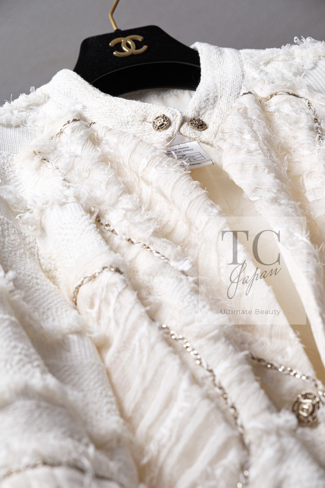 CHANEL 08S Ivory Creme Cotton Silk Chiffon Chain Trim Jacket 42 シャネル アイボリー クリーム コットン シルク シフォン チェーン トリム ジャケット 即発