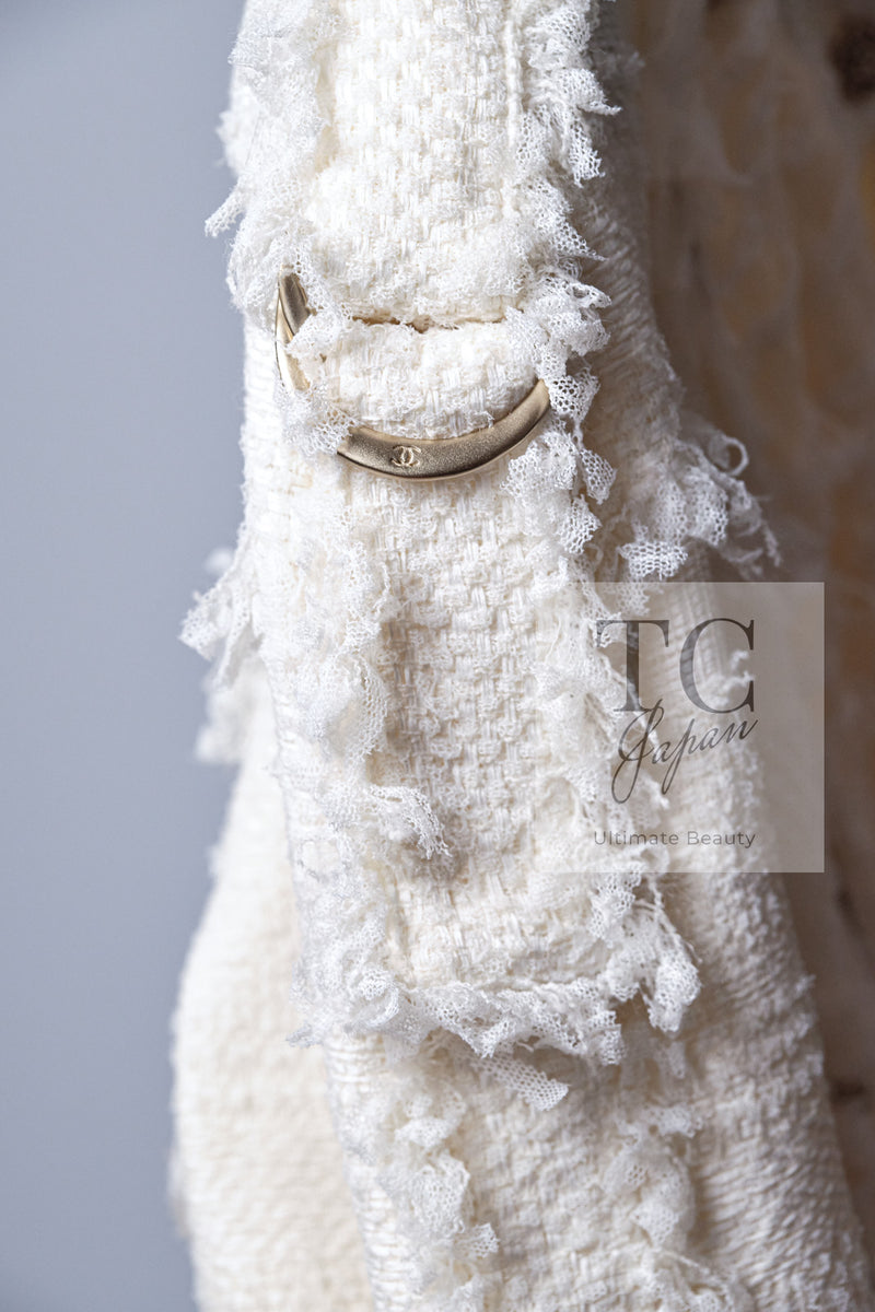 CHANEL 08S Ivory Creme Cotton Silk Chiffon Chain Trim Jacket 42 シャネル アイボリー クリーム コットン シルク シフォン チェーン トリム ジャケット 即発