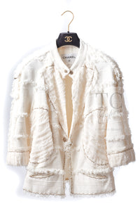 CHANEL 08S Ivory Creme Cotton Silk Chiffon Chain Trim Jacket 42 シャネル アイボリー クリーム コットン シルク シフォン チェーン トリム ジャケット 即発