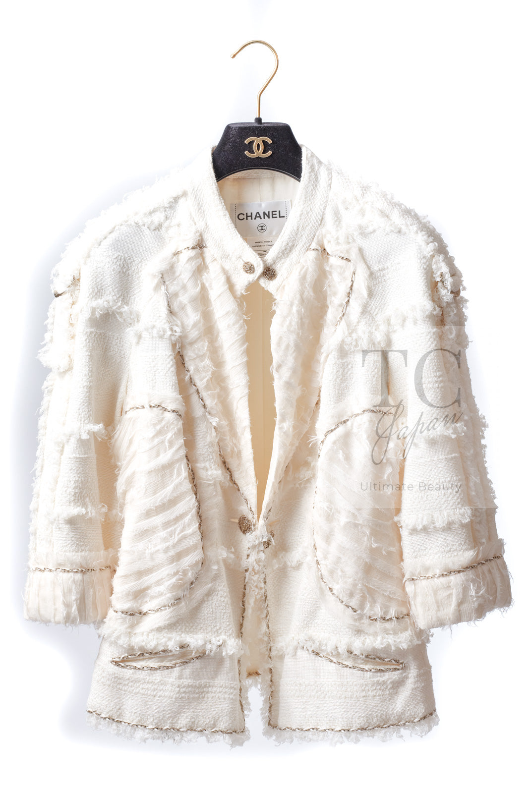 CHANEL 08S Ivory Creme Cotton Silk Chiffon Chain Trim Jacket 42 シャネル アイボリー クリーム コットン シルク シフォン チェーン トリム ジャケット 即発