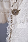 CHANEL 08S Ivory Creme Cotton Silk Chiffon Chain Trim Jacket 42 シャネル アイボリー クリーム コットン シルク シフォン チェーン トリム ジャケット 即発