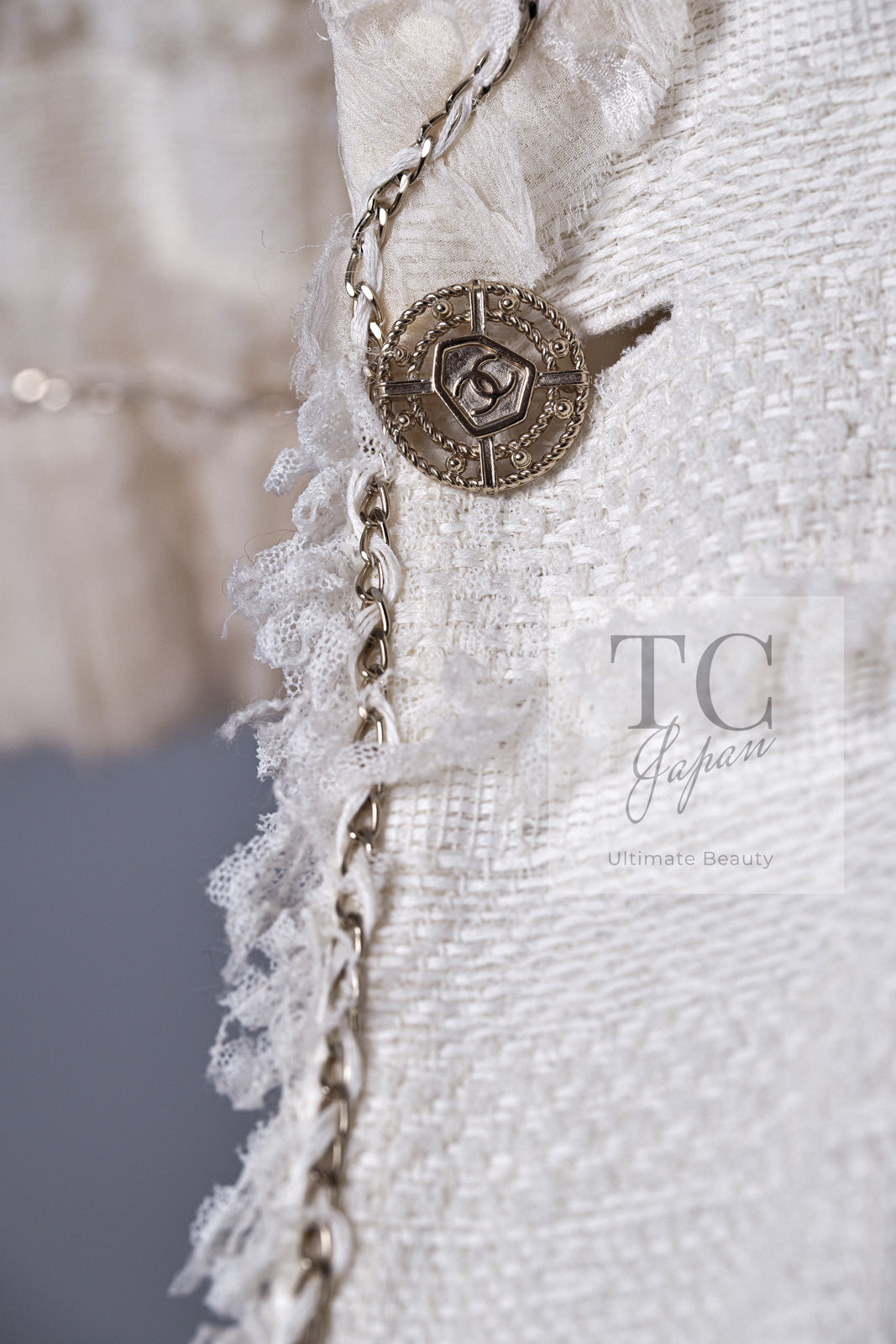 CHANEL 08S Ivory Creme Cotton Silk Chiffon Chain Trim Jacket 42 シャネル アイボリー クリーム コットン シルク シフォン チェーン トリム ジャケット 即発