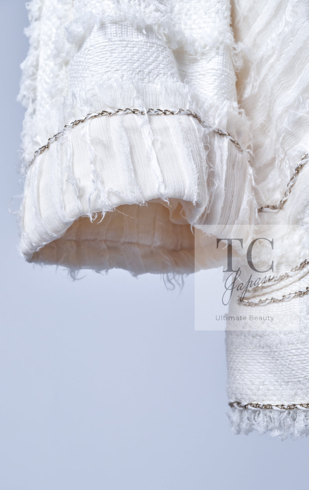 CHANEL 08S Ivory Creme Cotton Silk Chiffon Chain Trim Jacket 42 シャネル アイボリー クリーム コットン シルク シフォン チェーン トリム ジャケット 即発