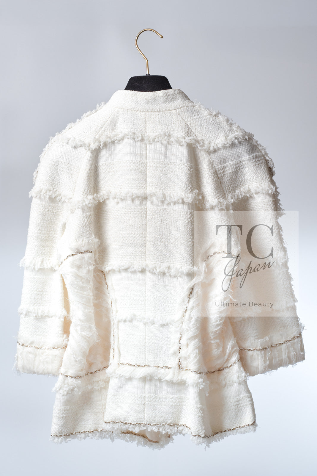 CHANEL 08S Ivory Creme Cotton Silk Chiffon Chain Trim Jacket 42 シャネル アイボリー クリーム コットン シルク シフォン チェーン トリム ジャケット 即発