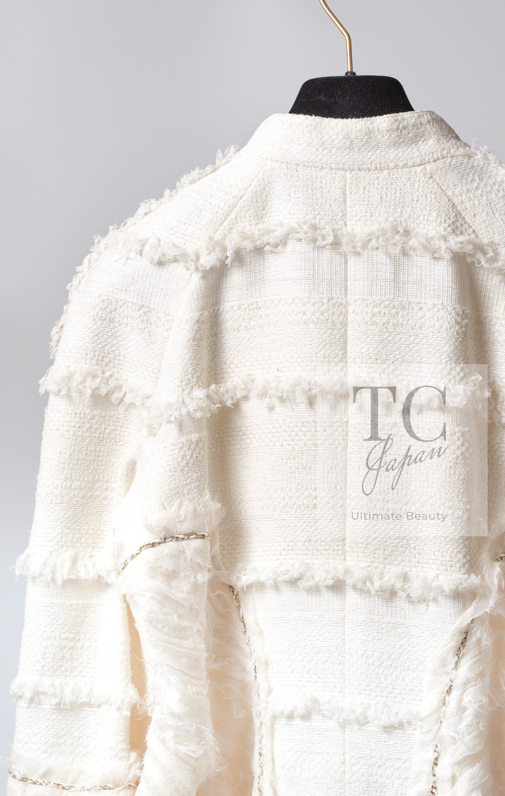 CHANEL 08S Ivory Creme Cotton Silk Chiffon Chain Trim Jacket 42 シャネル アイボリー クリーム コットン シルク シフォン チェーン トリム ジャケット 即発