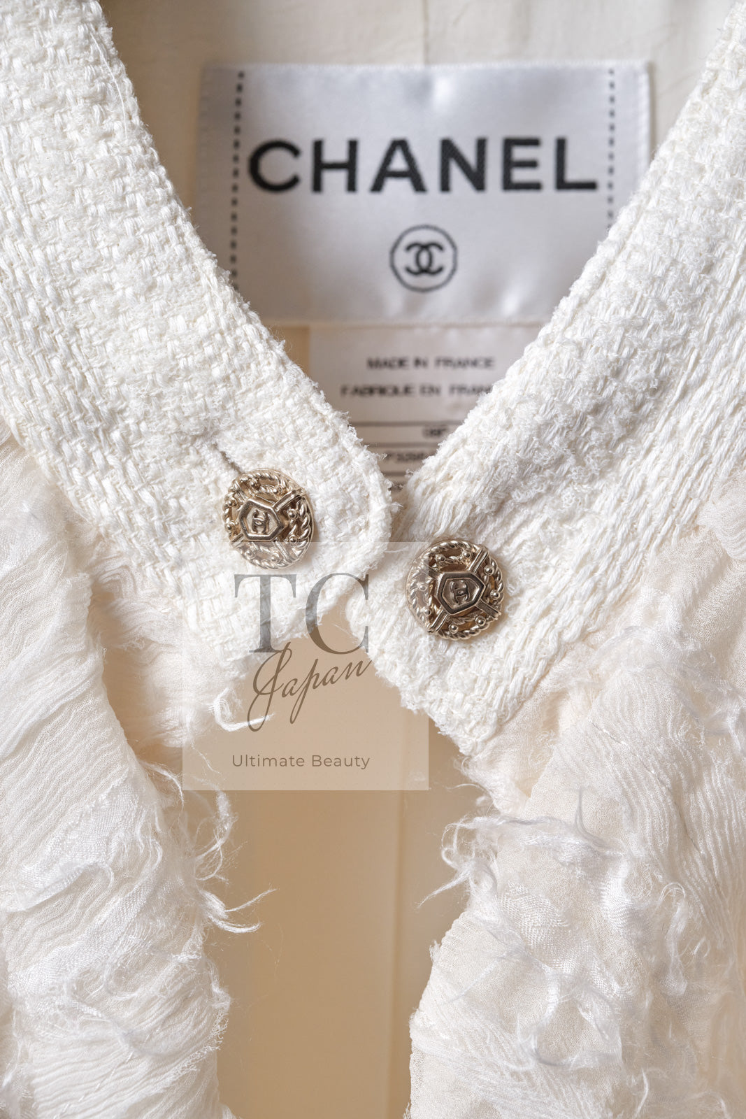 CHANEL 08S Ivory Creme Cotton Silk Chiffon Chain Trim Jacket 42 シャネル アイボリー クリーム コットン シルク シフォン チェーン トリム ジャケット 即発