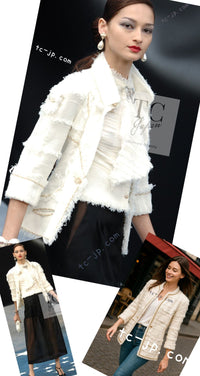 CHANEL 08S Ivory Creme Cotton Silk Chiffon Chain Trim Jacket 42 シャネル アイボリー クリーム コットン シルク シフォン チェーン トリム ジャケット 即発