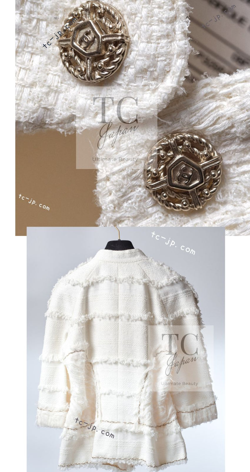 CHANEL 08S Ivory Creme Cotton Silk Chiffon Chain Trim Jacket 42 シャネル アイボリー クリーム コットン シルク シフォン チェーン トリム ジャケット 即発