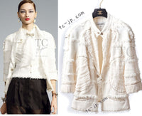 CHANEL 08S Ivory Creme Cotton Silk Chiffon Chain Trim Jacket 42 シャネル アイボリー クリーム コットン シルク シフォン チェーン トリム ジャケット 即発