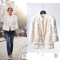 CHANEL 08S Ivory Creme Cotton Silk Chiffon Chain Trim Jacket 42 シャネル アイボリー クリーム コットン シルク シフォン チェーン トリム ジャケット 即発