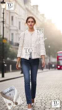 CHANEL 08S Ivory Creme Cotton Silk Chiffon Chain Trim Jacket 42 シャネル アイボリー クリーム コットン シルク シフォン チェーン トリム ジャケット 即発
