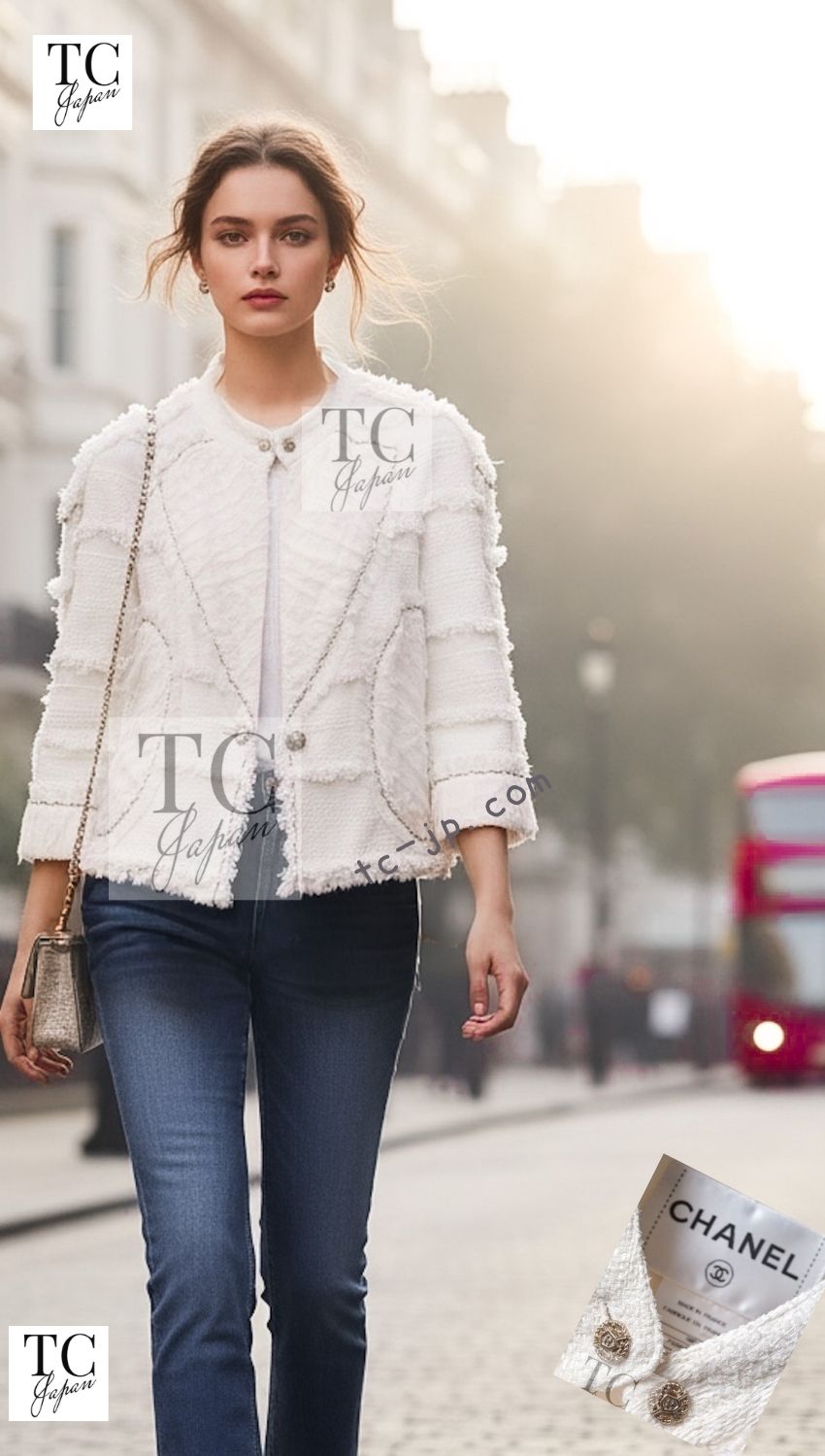 CHANEL 08S Ivory Creme Cotton Silk Chiffon Chain Trim Jacket 42 シャネル アイボリー クリーム コットン シルク シフォン チェーン トリム ジャケット 即発