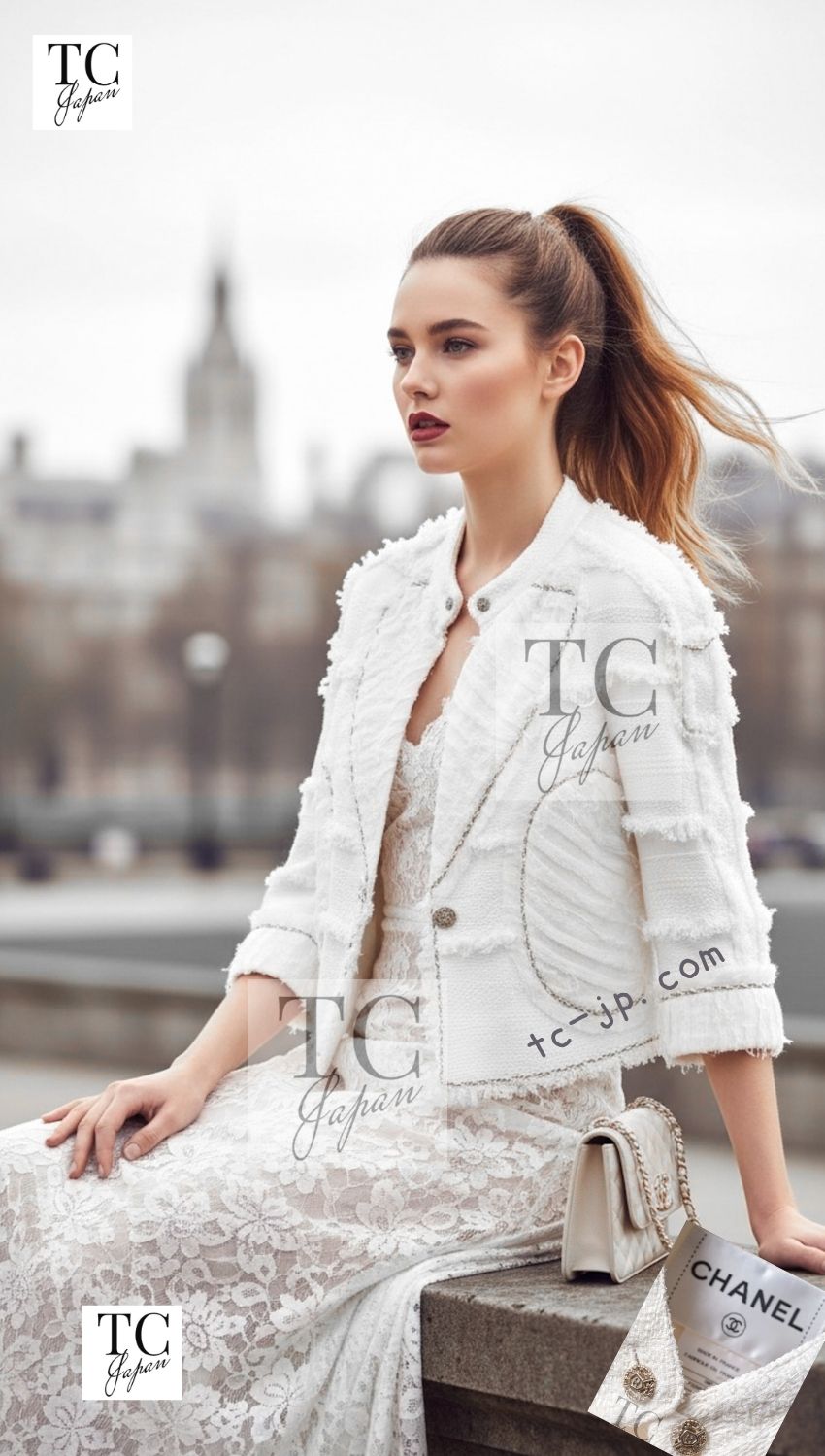 CHANEL 08S Ivory Creme Cotton Silk Chiffon Chain Trim Jacket 42 シャネル アイボリー クリーム コットン シルク シフォン チェーン トリム ジャケット 即発