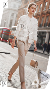 CHANEL 08S Ivory Creme Cotton Silk Chiffon Chain Trim Jacket 42 シャネル アイボリー クリーム コットン シルク シフォン チェーン トリム ジャケット 即発