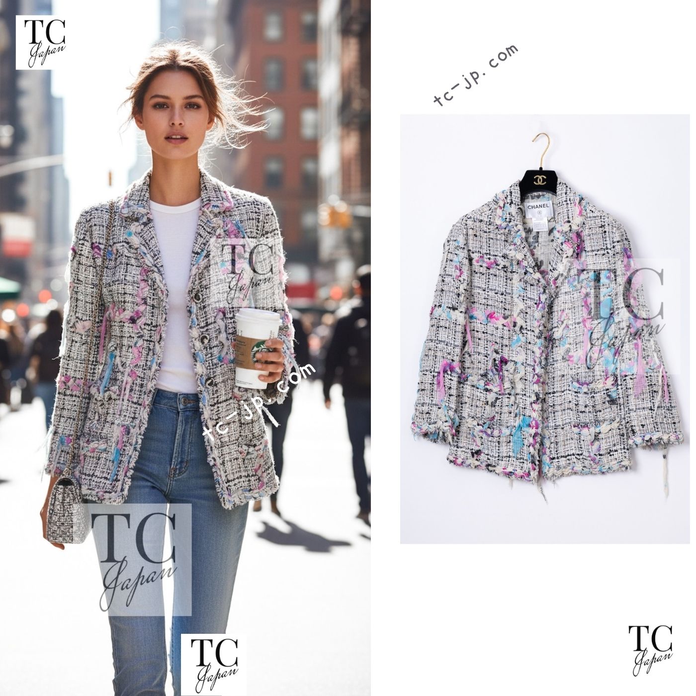 CHANEL 07C white grey tweed CC logo women's jacket / シャネル レディース ホワイト グレー ツイード CCロゴ ジャケット