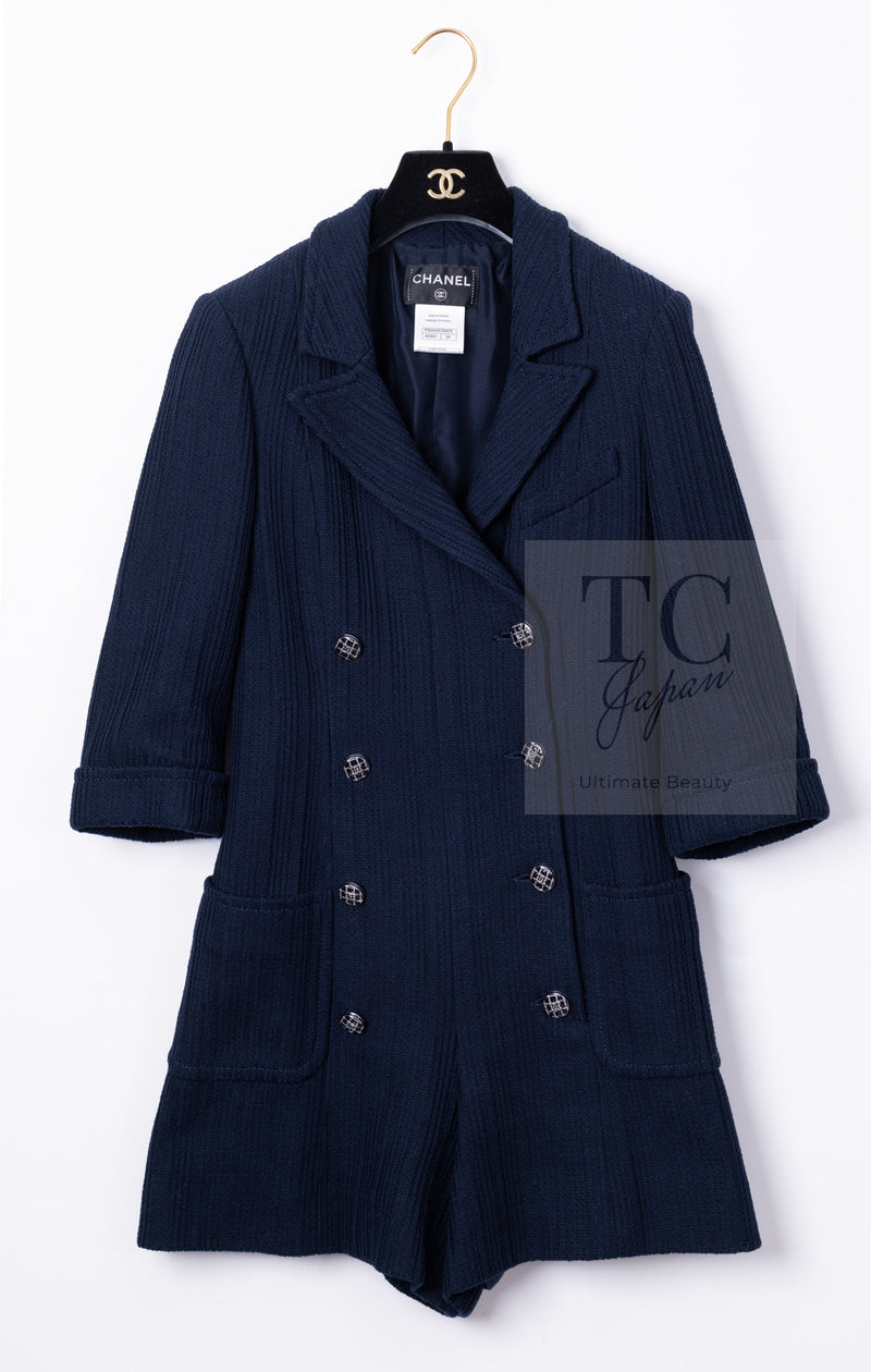 CHANEL 13S Navy Cotton Tweed Bottom Culottes Jumpsuit 34 シャネル ネイビー コットン ツイード ボトムキュロット ジャンプスーツ 即発