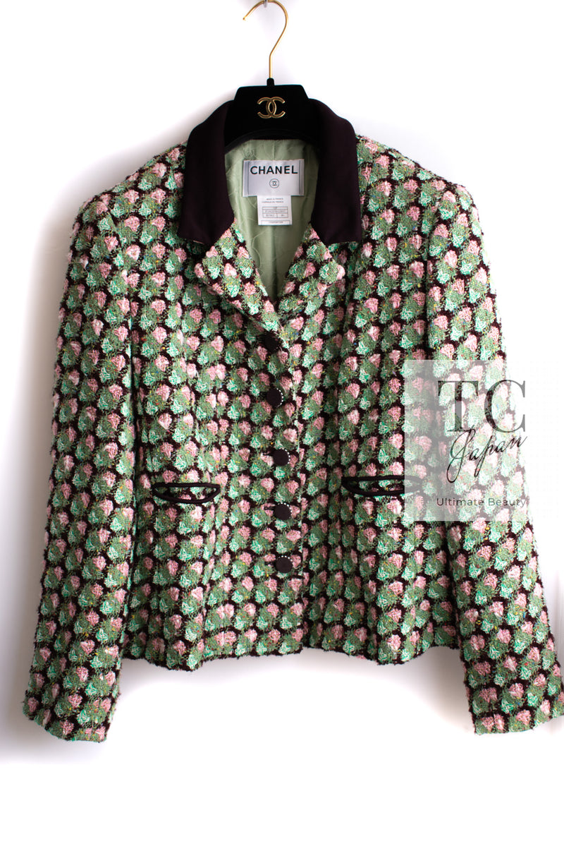 CHANEL 02S Green Pink Floral Tweed Jacket 46 シャネル グリーン ピンク フローラル ツイード ジャケット 即発