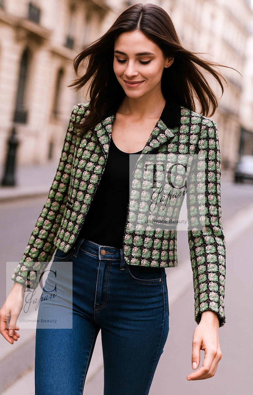 CHANEL 02S Green Pink Floral Tweed Jacket 46 シャネル グリーン ピンク フローラル ツイード ジャケット 即発