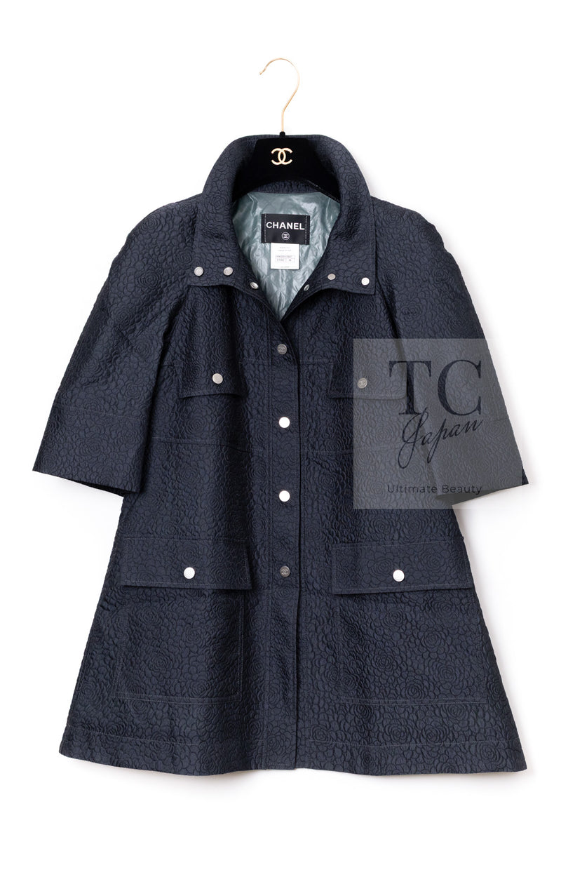 CHANEL 13S Navy Silk Nylon Camellia Stand Collar Jacket Coat 38 40 シャネル ネイビー シルク ナイロン カメリア スタンド襟  ジャケット コート 即発