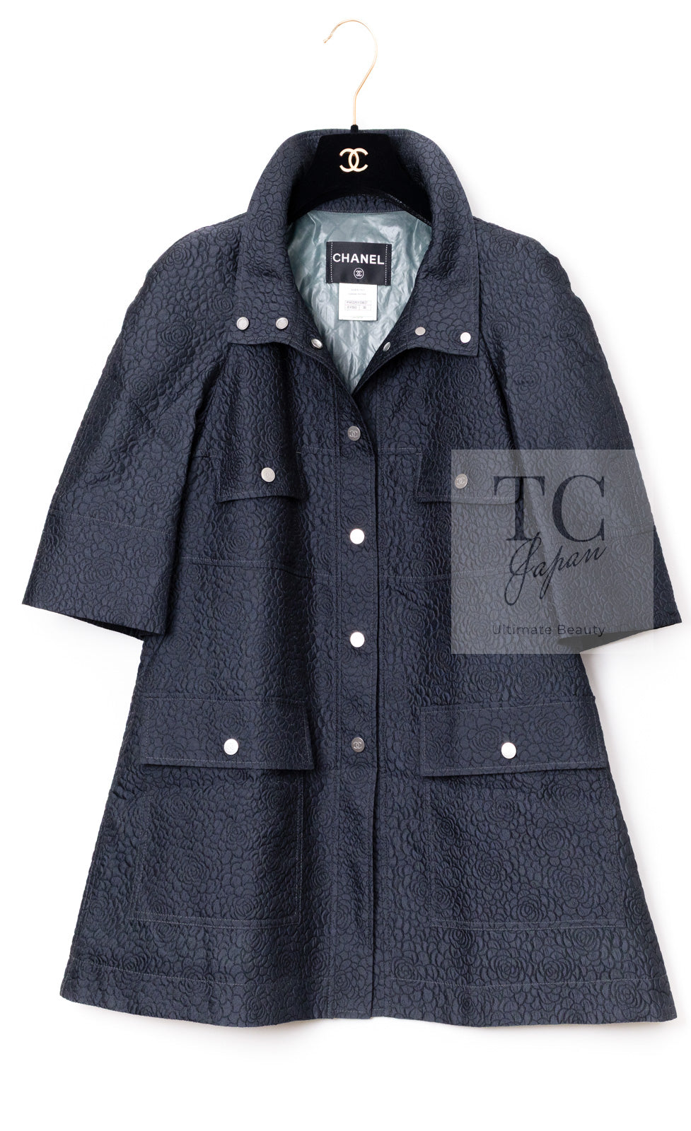 CHANEL 13S Navy Silk Nylon Camellia Stand Collar Jacket Coat 38 40 シャネル ネイビー シルク ナイロン カメリア スタンド襟  ジャケット コート 即発