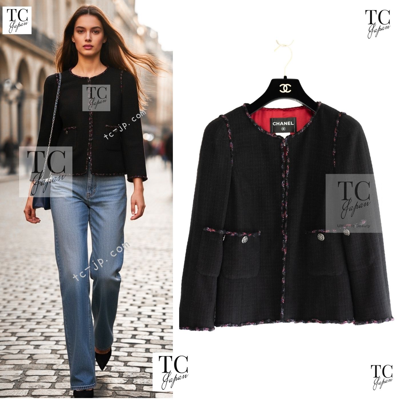 CHANEL 10PF Black Red Trimming Wool Tweed Collarless Jacket 34 シャネル ブラック レッド トリミング ウール ツイード ノーカラー ジャケット 即発